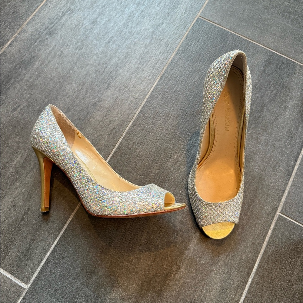 Enzo Angiolini Silver Sparkle Peep-Toe Heels size 6.5